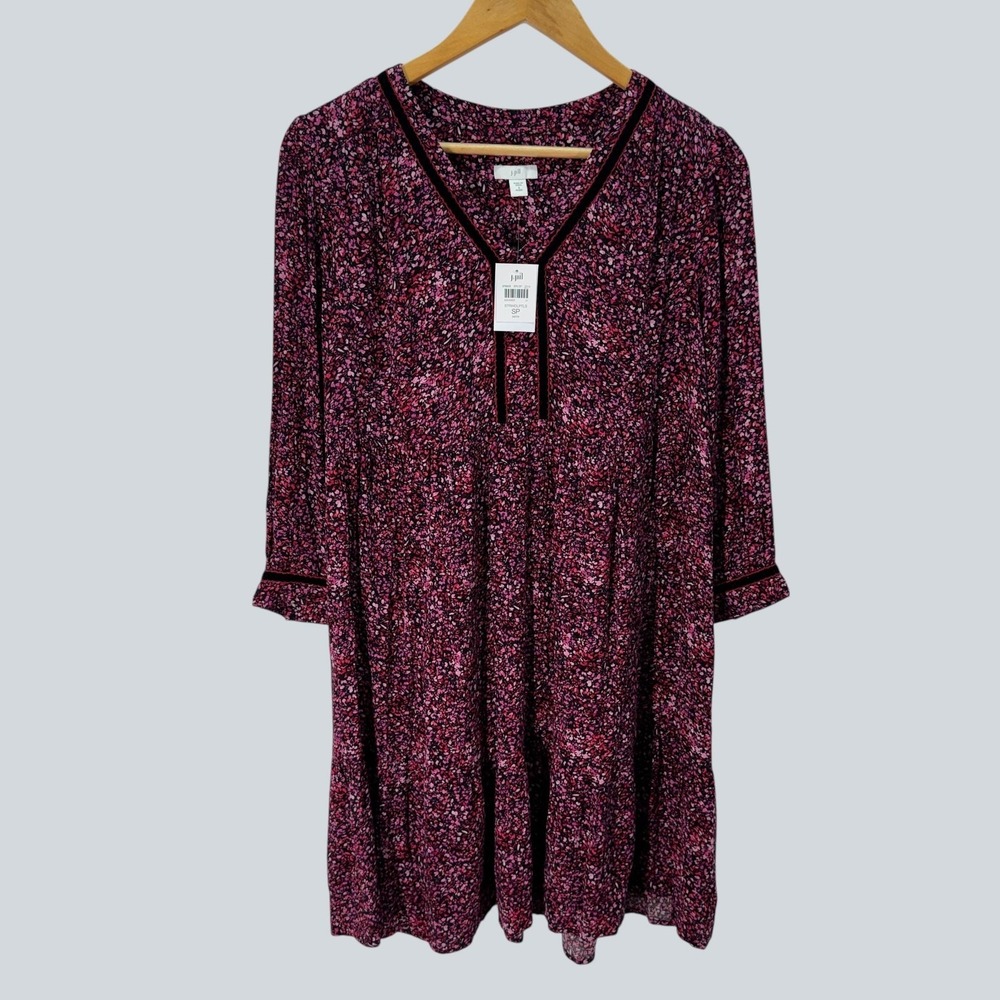 J. Jill Womens Dress S Petite Pink Floral Print Swing V Neck 3/4 Sleeve Boho